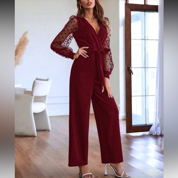 Boho polka dots mesh lantern sleeve belted jumpsuit - Picture 6 of 6